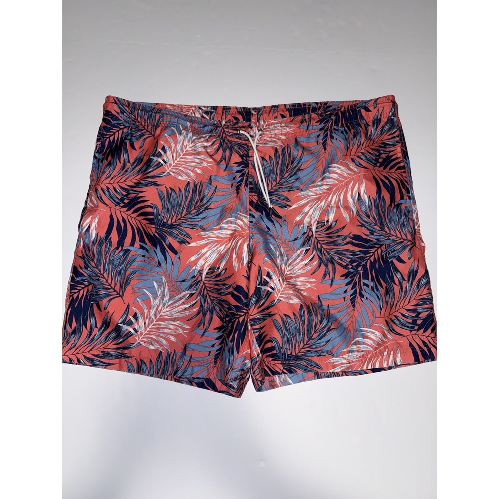 Lands' End Men XL Tropical Palm Leaf Swim Trunks Coral Blue Board Shorts Beach